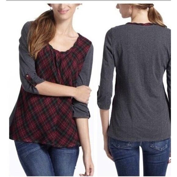 One September (Anthro) Plaid Scoop Neck 3/4 Tab Sleeve Tee Women's M - Picture 1 of 6